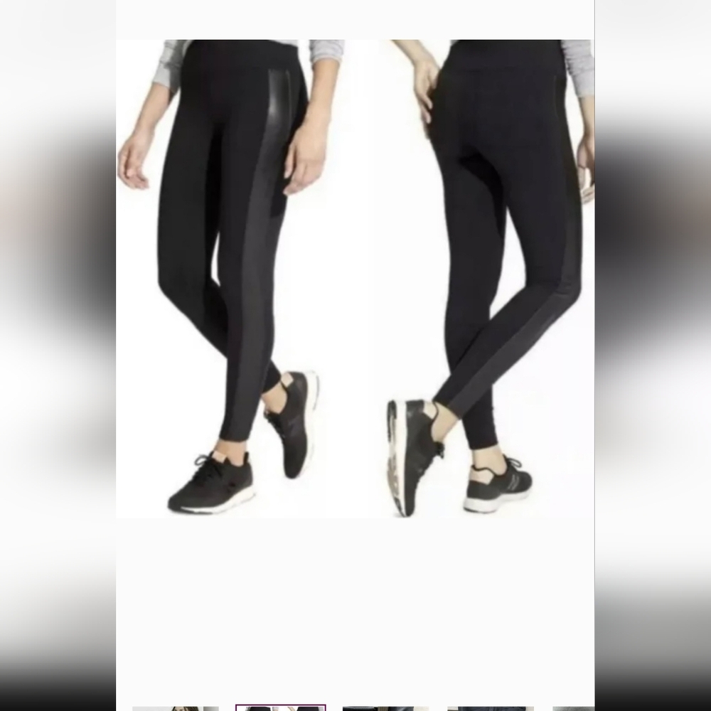 NWT ATHLETA NWT Tuxedo Style Black Leggings with Faux Leather Strip PETITE SMALL